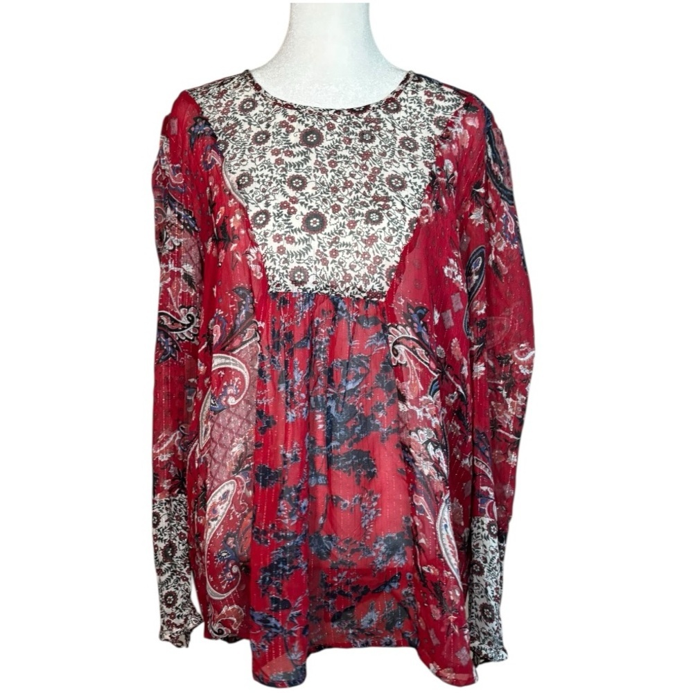 Monterey Bay Red Paisley Floral Long-Sleeve Peasant Blouse